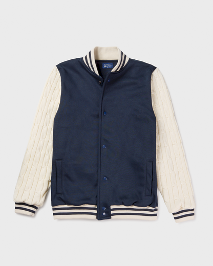 Varisty style jacket in navy and white.
