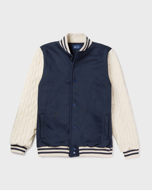 Varisty style jacket in navy and white.